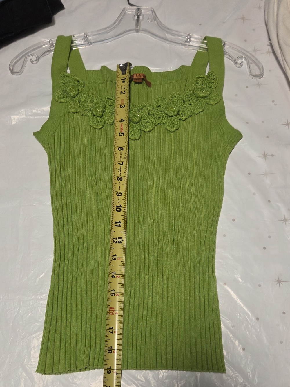 Belldini Green Ribbed Tank Top with Beaded Crochet Floral Trim